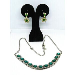 Emerald Green Round & Clear Rhinestone Silver Necklace & Earrings SET VTG 17-20"
